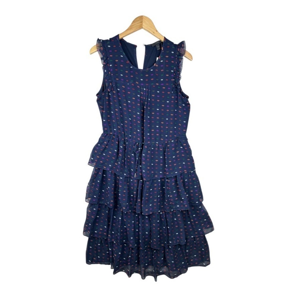 NWT J. Crew Lip Kiss Print Tiered Ruffle Hem Midi Silk Dress Navy Blue Size 8